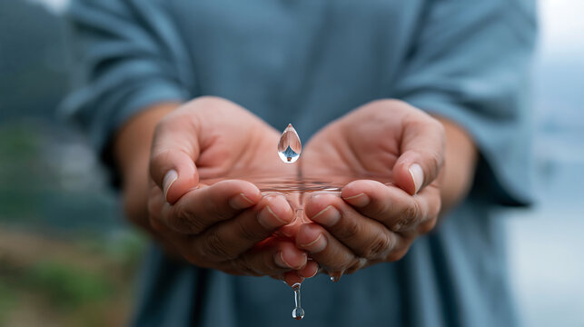 close up of small hands gently holding a single drop of clear water representing the importance of water conservation and environmental care