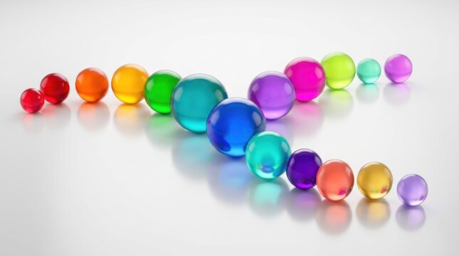 A colorful array of transparent spheres of various sizes and colors arranged in a semi-circle on a white background with soft lighting.