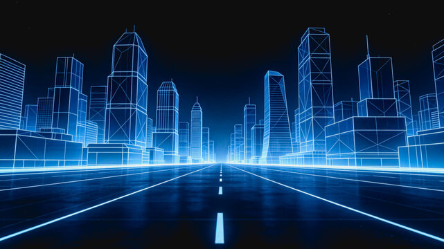 A wireframe digital illustration of a futuristic urban cityscape with a glowing road leading toward the horizon, showcasing modern architectural structures and advanced urban design concepts.