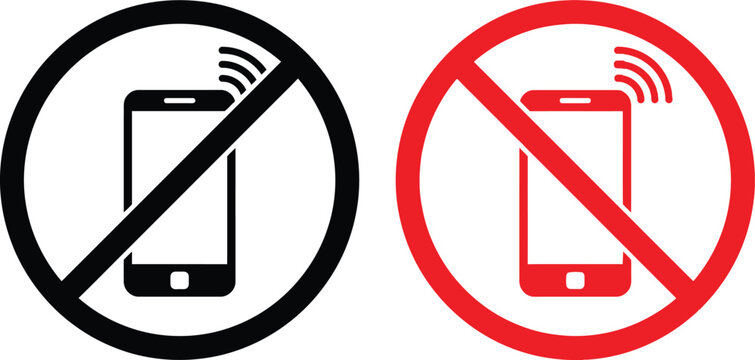 No cell phone allowed signs with smartphone and signal icon for restricted areas