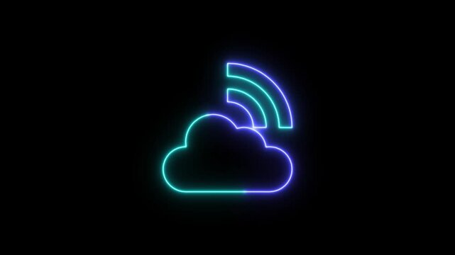 Neon blue cloud icon with wifi signal representing wireless cloud computing and internet connectivity on a black background