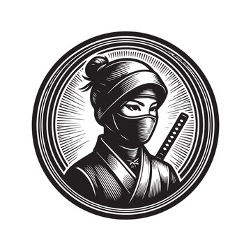 Black and white engraving style illustration of a female ninja warrior in a circular frame.