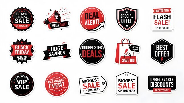 Collection of black friday sale badges and promotional tags