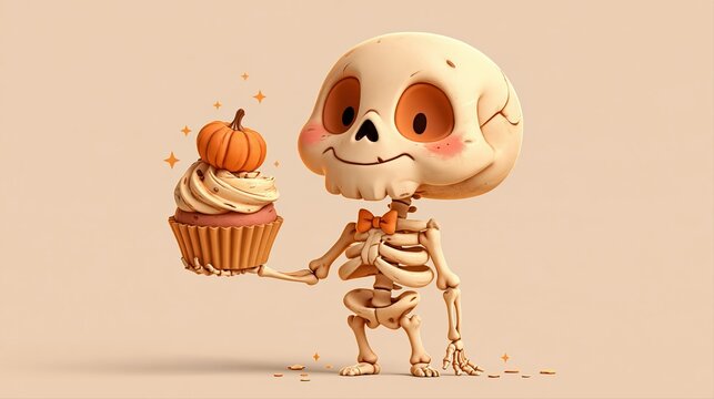 A friendly cartoon skeleton with blushing cheeks and big eyes holds a pumpkin-topped cupcake. This cute 3D Halloween character radiates childlike joy and warmth.