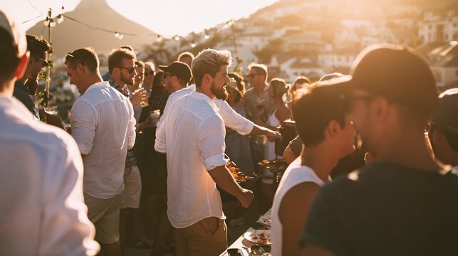 A candid group of diverse friends enjoys a warm Christmas rooftop barbecue in Cape Town. Golden sunlight, casual summer outfits, and lively laughter create a festive city vibe.