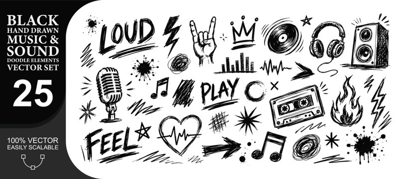 Black hand drawn music and sound doodle elements set featuring microphone headphones cassette tape speakers and notes for creative rock and roll designs.