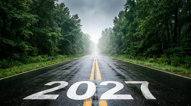 A wet asphalt road leading into the distance with the year 2027 painted ahead