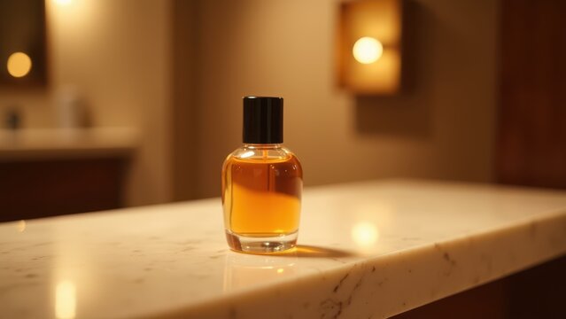 Amber perfume bottle catching light on a marble vanity, soft mist spray suspended mid-air, warm boutique lighting with shallow focus