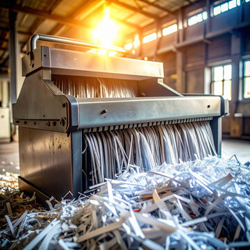 Industrial paper shredder machine in a sunlit factory, transforming sensitive documents into waste. A powerful metaphor for security, privacy, and recycling. Nobody, no people, wide shot.