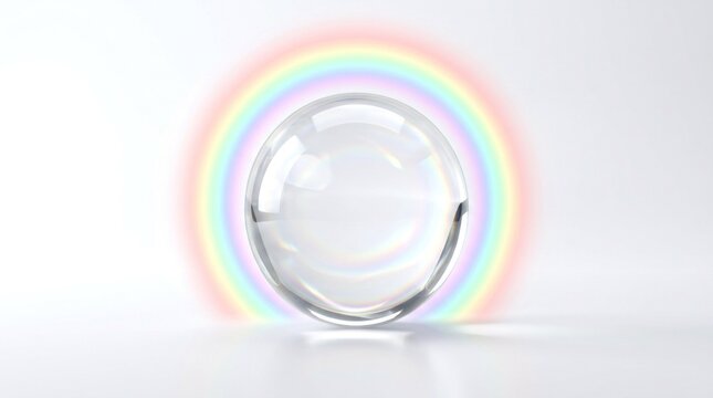 A clear glass sphere with a rainbow reflection on a white background.