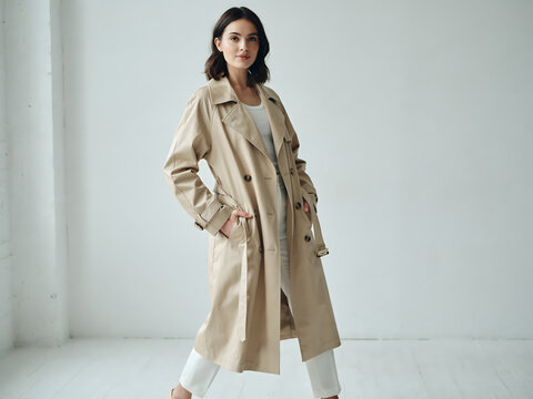 A young woman with dark hair wearing a beige trench coat standing against a plain white wall in a bright studio environment for a
