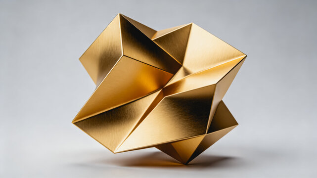 A polished golden abstract geometric sculpture with sharp angular faces, presented on a neutral plain background. It is a modern 3D art piece showcasing precise polygonal forms.