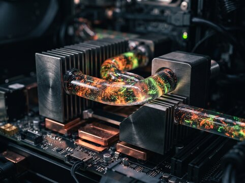 Liquid cooling tubes with glowing particles installed on a computer motherboard