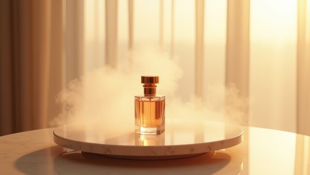 Rose-gold perfume bottle catching light as its lifted from a wide marble tray, mist spraying faintly into the air, sheer curtain backdrop, soft golden afternoon light