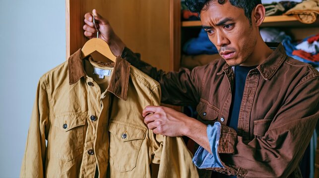 A young man thoughtfully chooses between autumn jackets in his real urban bedroom. Bright morning light highlights denim and cotton textures for genuine lifestyle storytelling.