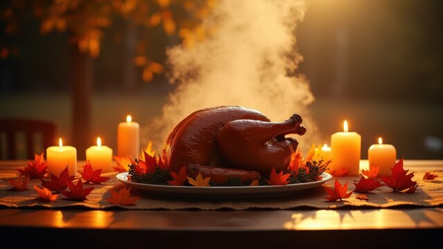 Wide table set with a Thanksgiving spread, steam rising from a roasted turkey, autumn leaves scattered along the runner, warm candlelit glow with soft shadows