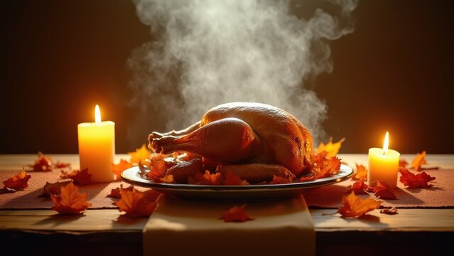 Wide table set with a Thanksgiving spread, steam rising from a roasted turkey, autumn leaves scattered along the runner, warm candlelit glow with soft shadows