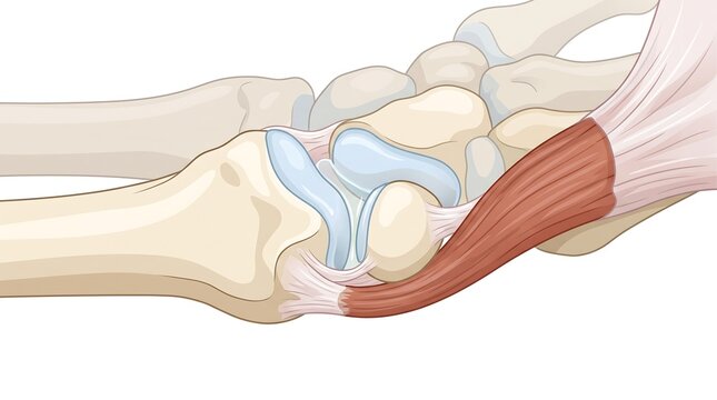 Anatomical illustration of human wrist pisotriquetral joint detailed carpal bones and ligaments