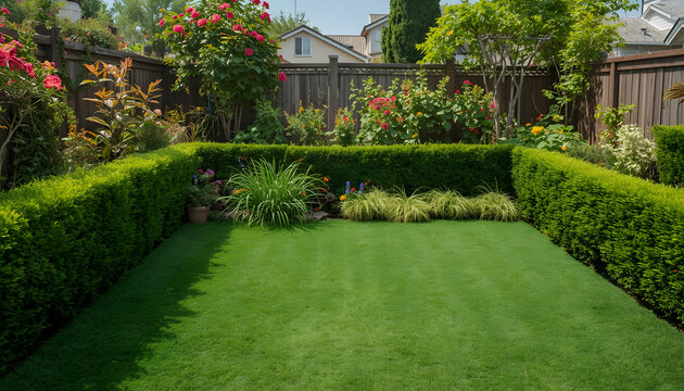 Artificial Turf Dog Potty Area in Suburban Backyard, Lush Green Lawn Surrounded by Trimmed Hedges, Wooden Fence and Blooming Rose Garden