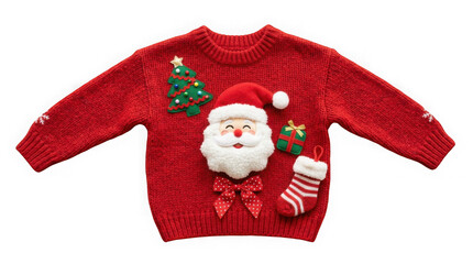Obraz premium Red christmas sweater with santa claus, tree, gift, and stocking decorations isolated on transparent background
