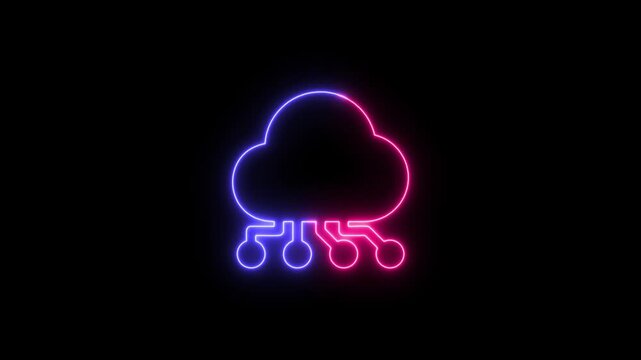 Neon glowing cloud computing icon with circuit board lines on black background