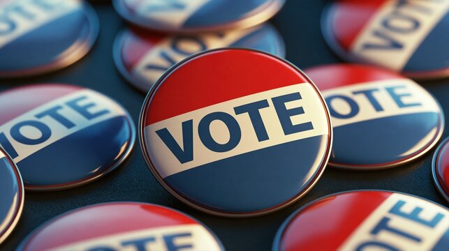 Macro photo of glossy red, white, and blue voting badges on a black surface. The central enamel pin boldly displays VOTE, radiating political energy and civic duty.