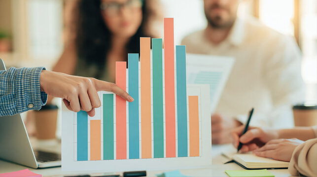 Coworkers collaborate during an office meeting, pointing at a colorful graph and jotting down ideas. The scene captures authentic teamwork and professional problem-solving.