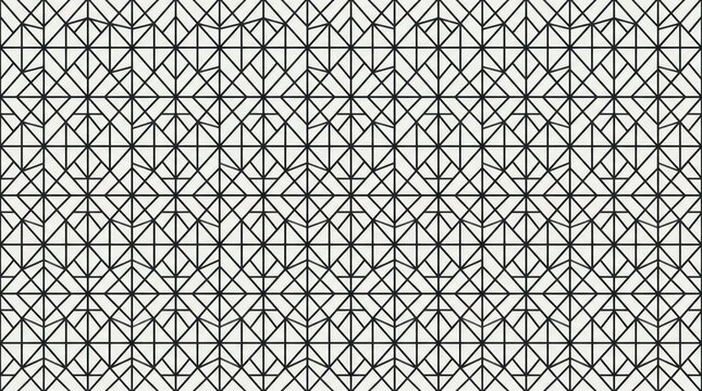 A black and white geometric pattern with a grid of triangles and squares, creating a repetitive and structured design.