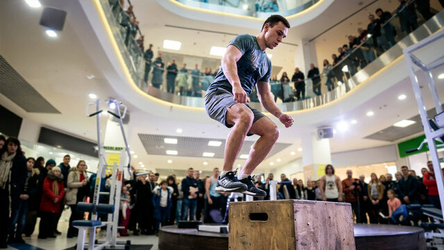 Athletic young man performing a box jump exercise during a fitness event in a shopping mall