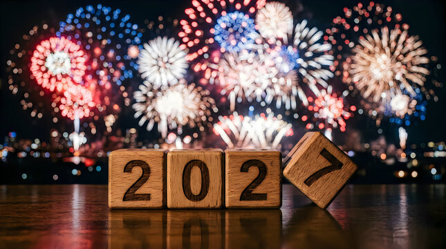 Wooden blocks showing the year 2027 with colorful fireworks in the night sky background
