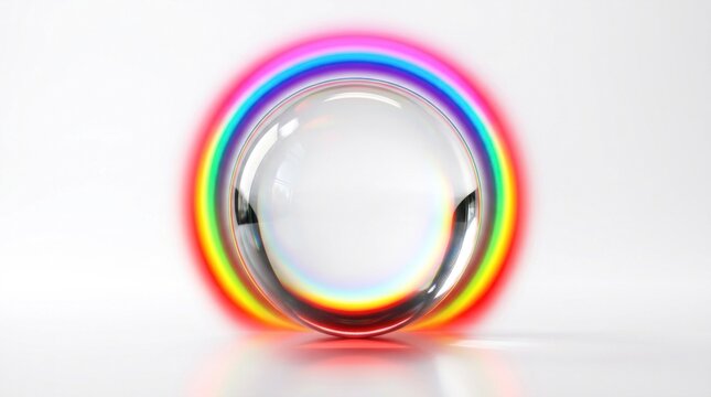 A transparent crystal ball with a rainbow-colored reflection on its surface, placed on a white background with a blurred rainbow effect.