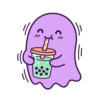 Cute purple ghost drinking sweet boba milk tea with tapioca pearls