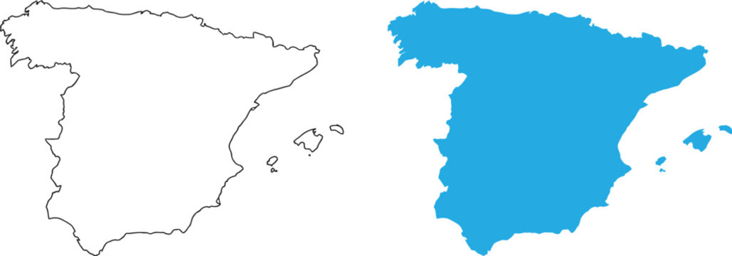 Outline and blue silhouette map of spain country with balearic islands