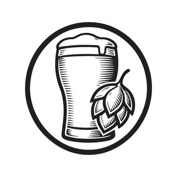 Vintage style engraving illustration of a glass of beer with a fresh hop cone.