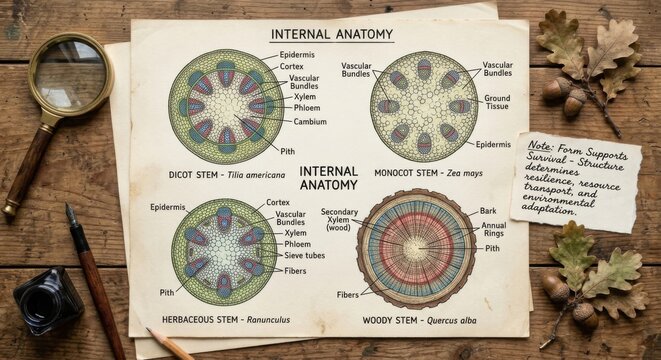 Internal Anatomy of Plant Stems: Dicot, Monocot, Herbaceous, and Woody Structures