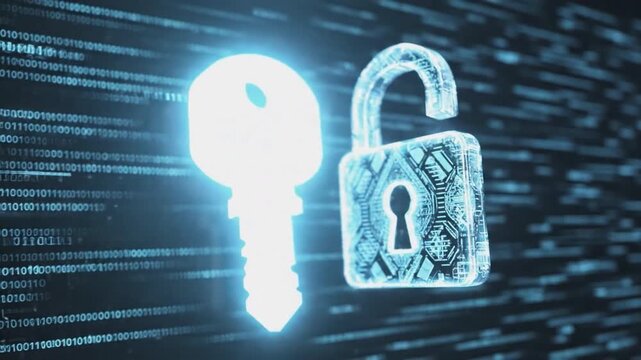 Cyber security concept with glowing digital key unlocking a padlock against binary code background