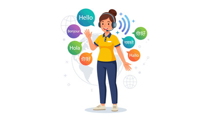 Fototapeta premium Multilingual Communication and Translation Service Concept with a Woman Speaking Hello in Different Languages
