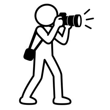 Minimalist stick figure icon of a photographer holding a camera with vector illustration black and white design element taking photo line art camera gear photography session digital photography