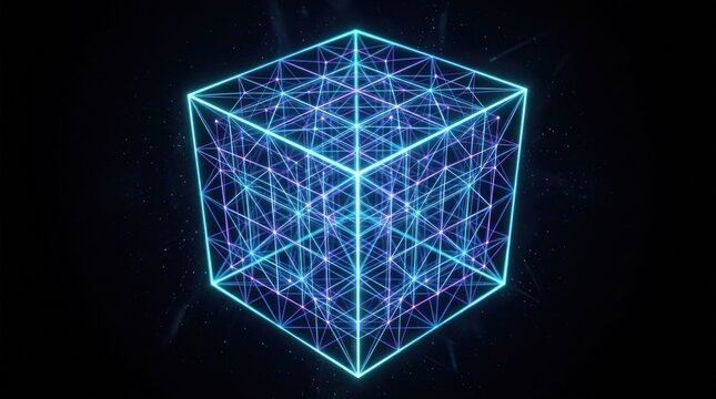 A neon cube with a blue and purple grid pattern, emitting a glowing effect against a dark background.