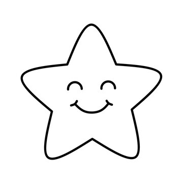 A minimalist black outline of a happy star character with closed eyes and a joyful smile centered on a solid gray backdrop. Perfect for kids educational materials and cute sticker designs.