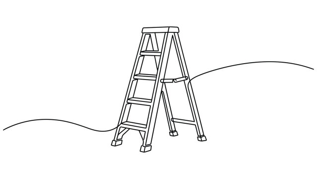 A continuous single line of a folding step ladder, depicted with simple black outlines on a clean white background, for minimalist