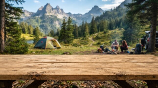 A wooden table with a view of a mountain range and a tent in the background.