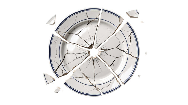 Broken ceramic plate with shattered piece on white background