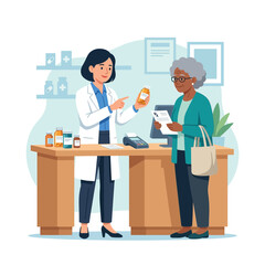 Fototapeta premium Pharmacist Consults with Elderly Patient, Dispensing Medication and Offering Advice at Pharmacy Counter