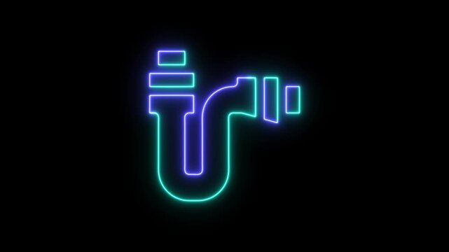 Neon glowing plumbing pipe icon on a dark background