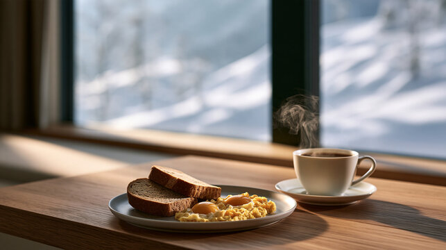 Minimal breakfast plate with fresh bread eggs and coffee by mountain window showcasing tranquil winter hotel morning and calm hospitality