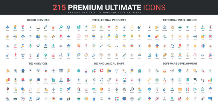 Digital technology innovation and AI, intellectual property and authors rights, copyright color icon set. Prototype and software development algorithms, cloud service flat elements vector illustration