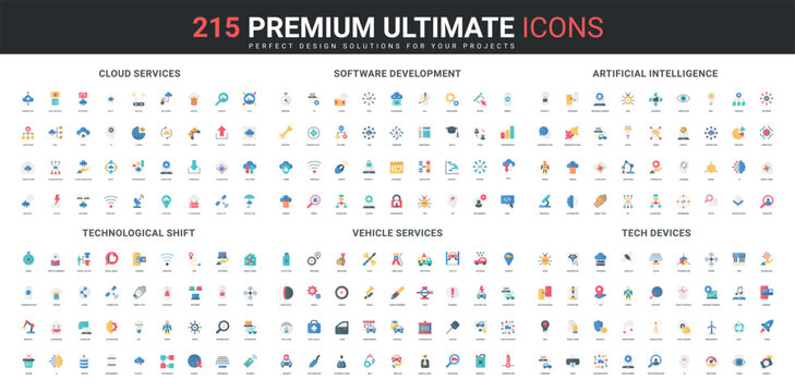 Software and app development, cloud service security and AI, repair in car workshop color icon set. Technological innovation, smart devices, program code bugs and algorithm, flat vector illustration
