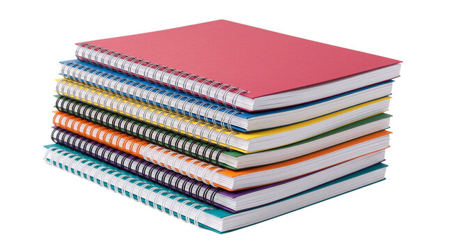 Colorful spiral notebooks in a stack, vibrant multi-colored school stationery supplies, assortment of wire-bound paper pads for education and office work