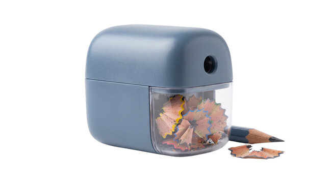 Modern blue pencil sharpener with transparent shavings container, manual desk sharpener for school and office, plastic stationery tool on white background